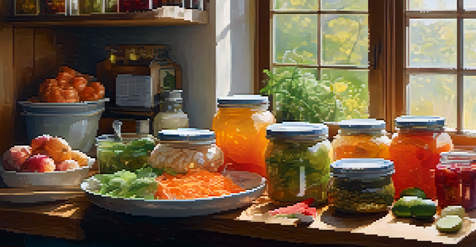 A kitchen table filled with colorful fermented foods, including kimchi, sauerkraut, yogurt with fruits, and a glass of kombucha, bathed in soft natural light.