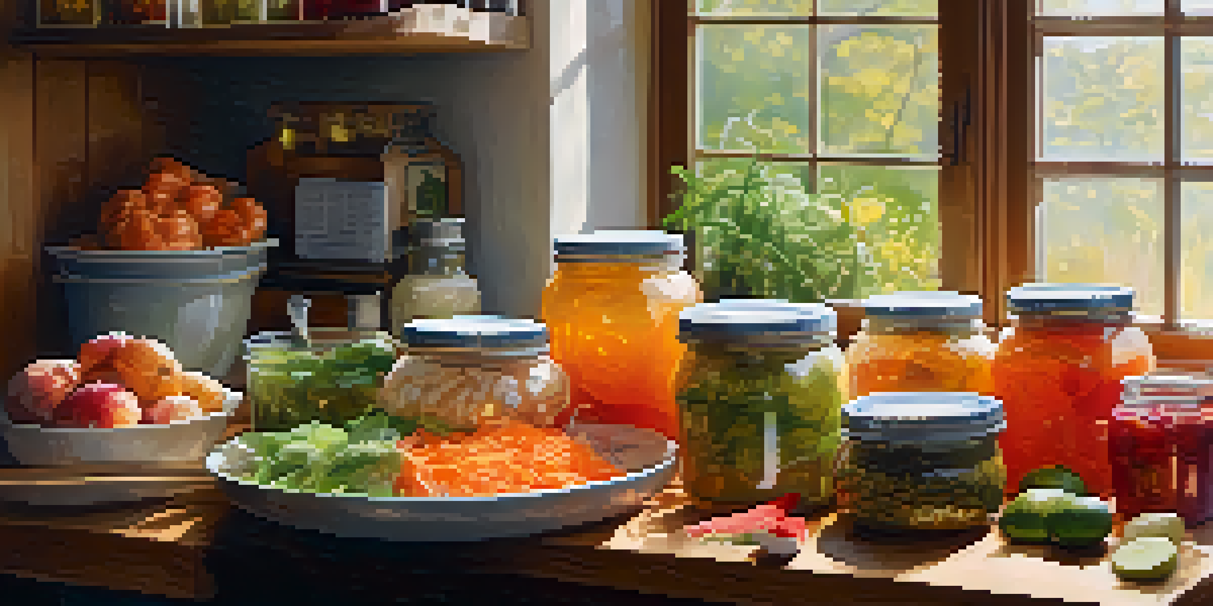 A kitchen table filled with colorful fermented foods, including kimchi, sauerkraut, yogurt with fruits, and a glass of kombucha, bathed in soft natural light.