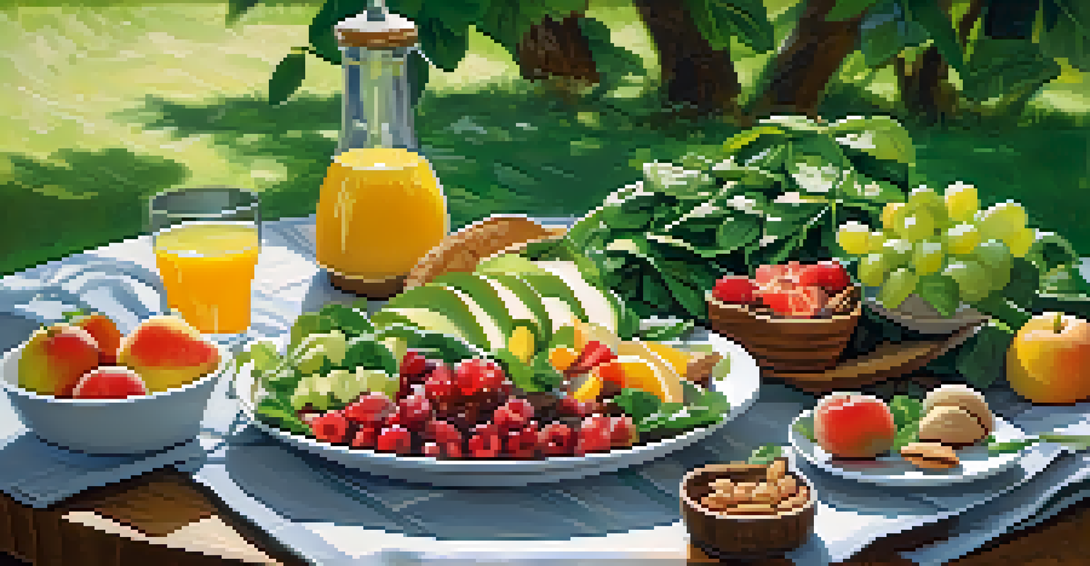 A picnic table set with a colorful raw food spread in a lush garden, with sunlight filtering through the leaves.