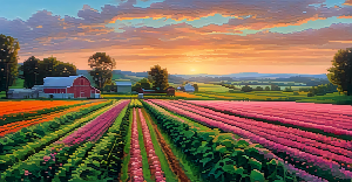 A beautiful organic farm at sunset, showcasing rows of crops and a small barn against a backdrop of colorful skies.
