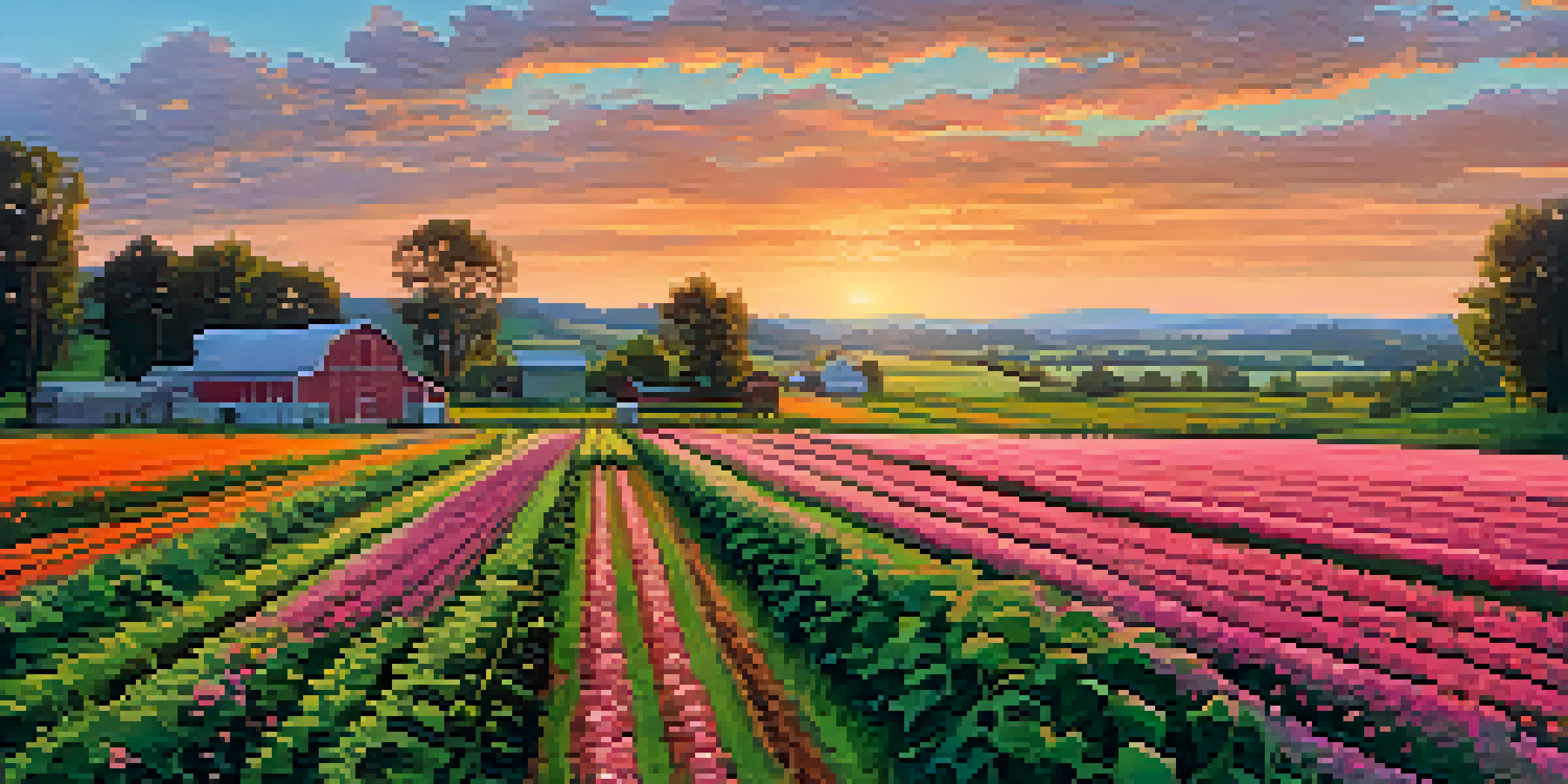 A beautiful organic farm at sunset, showcasing rows of crops and a small barn against a backdrop of colorful skies.