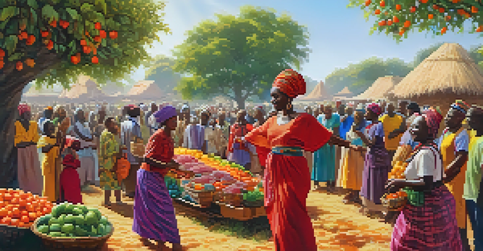 An African community celebrating a harvest festival with colorful traditional attire and abundant fruits and vegetables under sunlight.