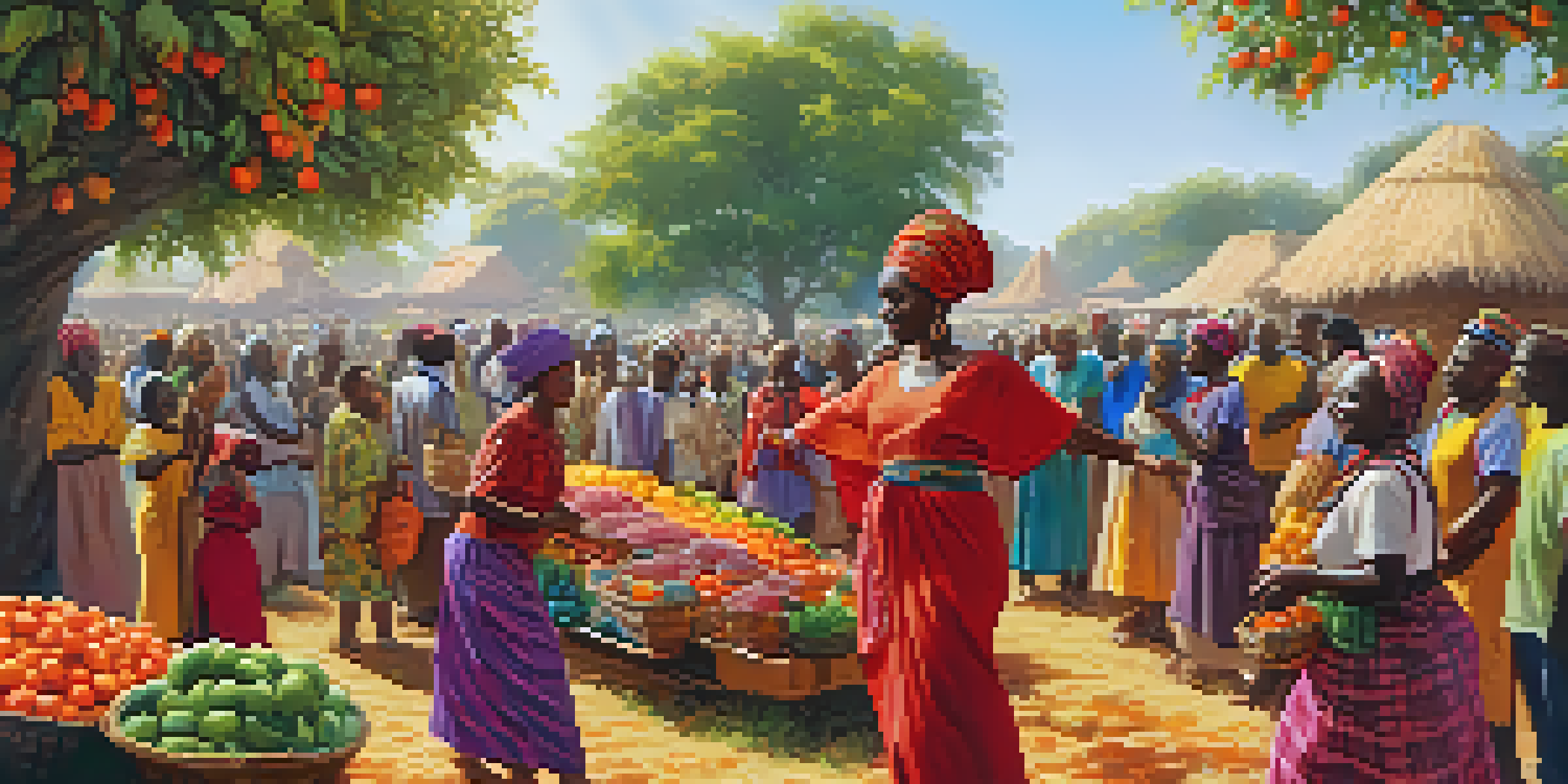An African community celebrating a harvest festival with colorful traditional attire and abundant fruits and vegetables under sunlight.