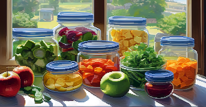 A bright kitchen countertop showcasing glass jars filled with layered salads, fresh vegetables, and a bowl of raw hummus, with fruits and a blender in the background.