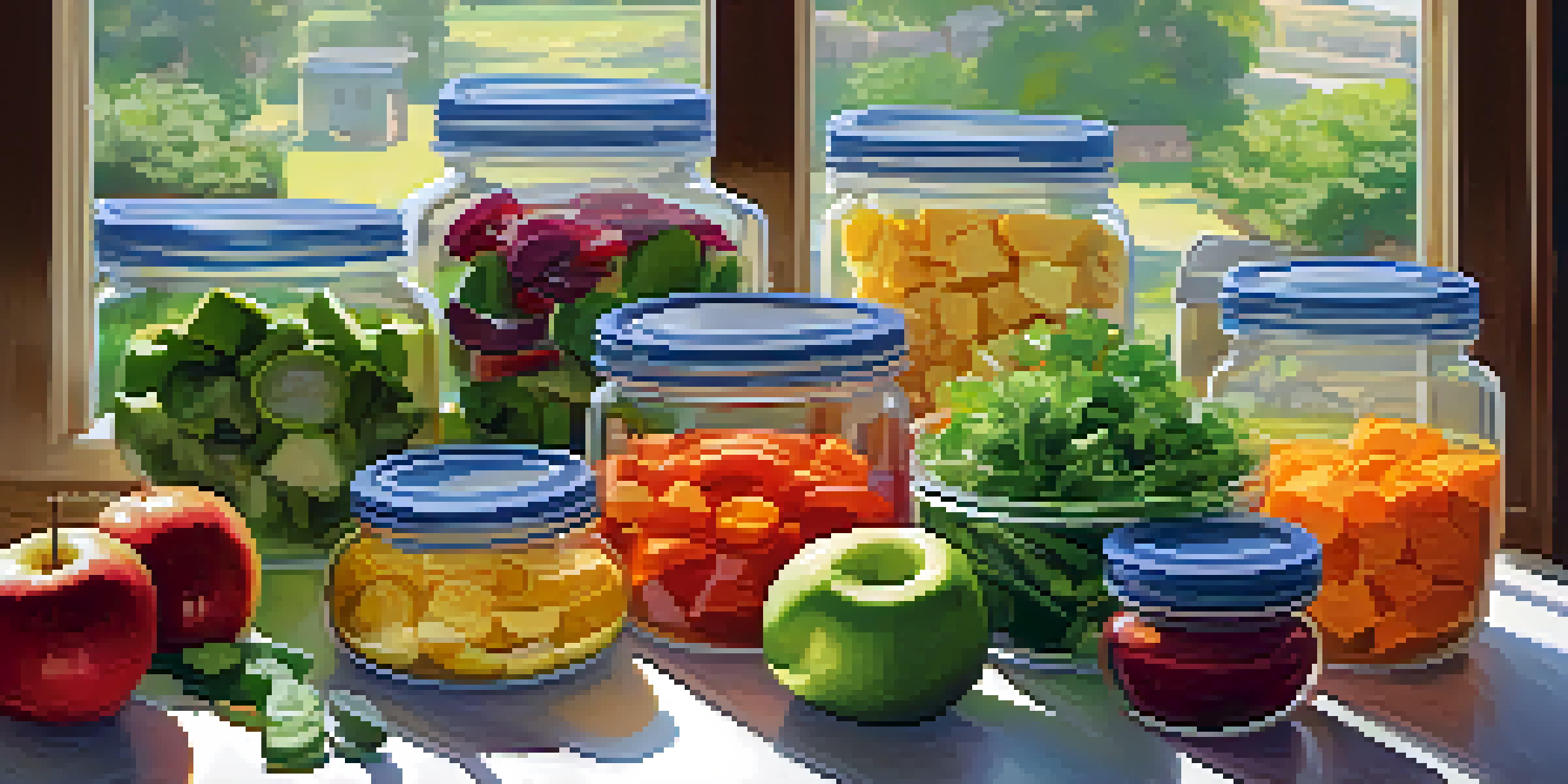 A bright kitchen countertop showcasing glass jars filled with layered salads, fresh vegetables, and a bowl of raw hummus, with fruits and a blender in the background.