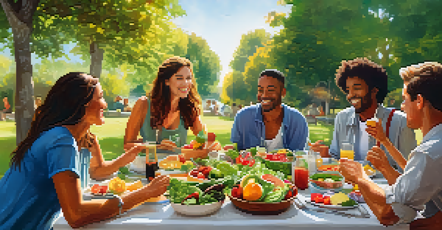 A picnic gathering with friends at a table filled with colorful raw food dishes, surrounded by greenery and warm sunlight.