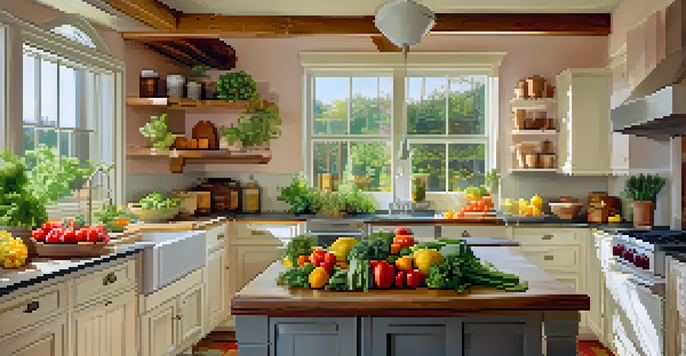 A bright kitchen with fresh fruits and vegetables on the counter, showcasing a colorful salad.