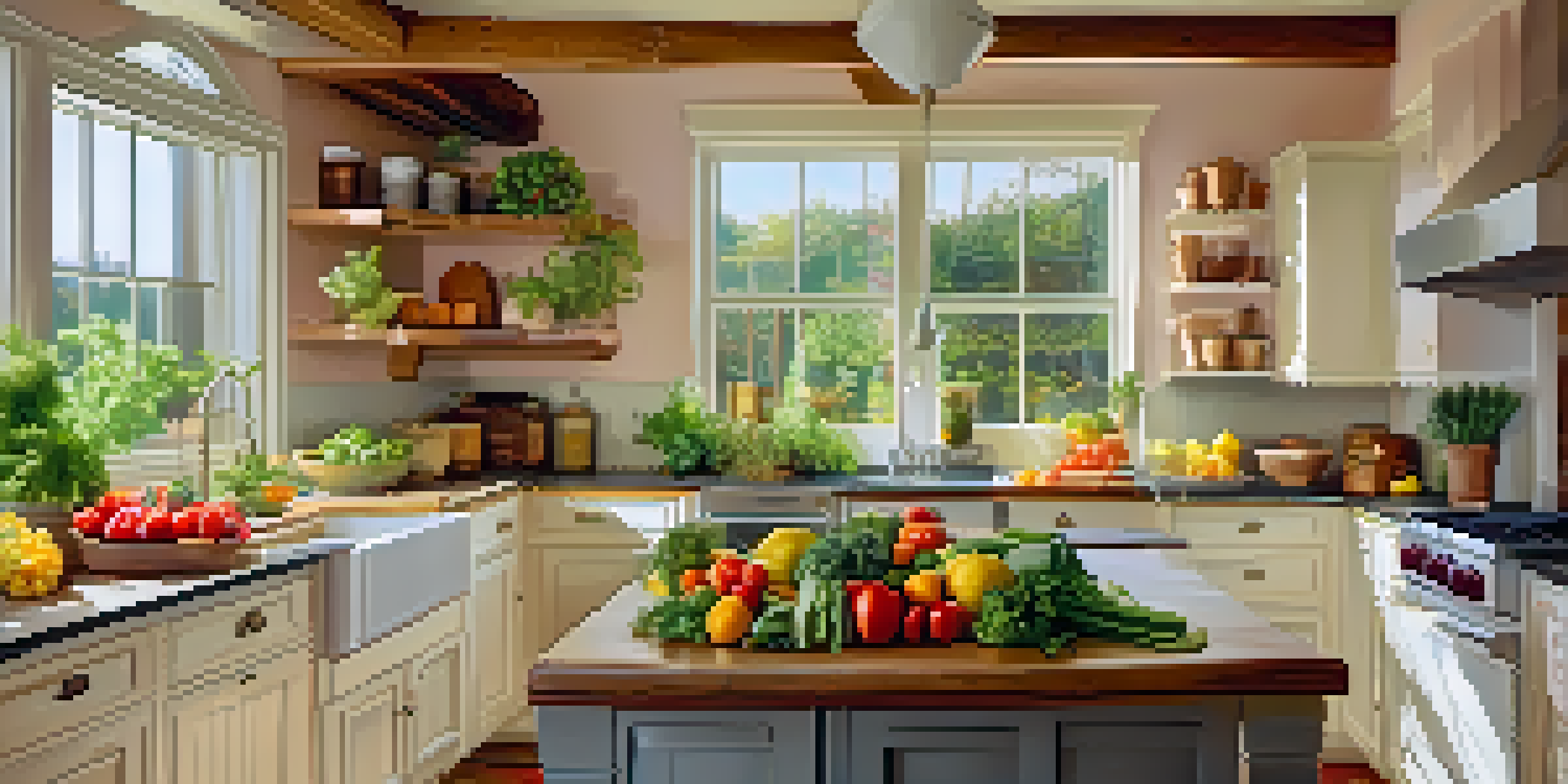 A bright kitchen with fresh fruits and vegetables on the counter, showcasing a colorful salad.