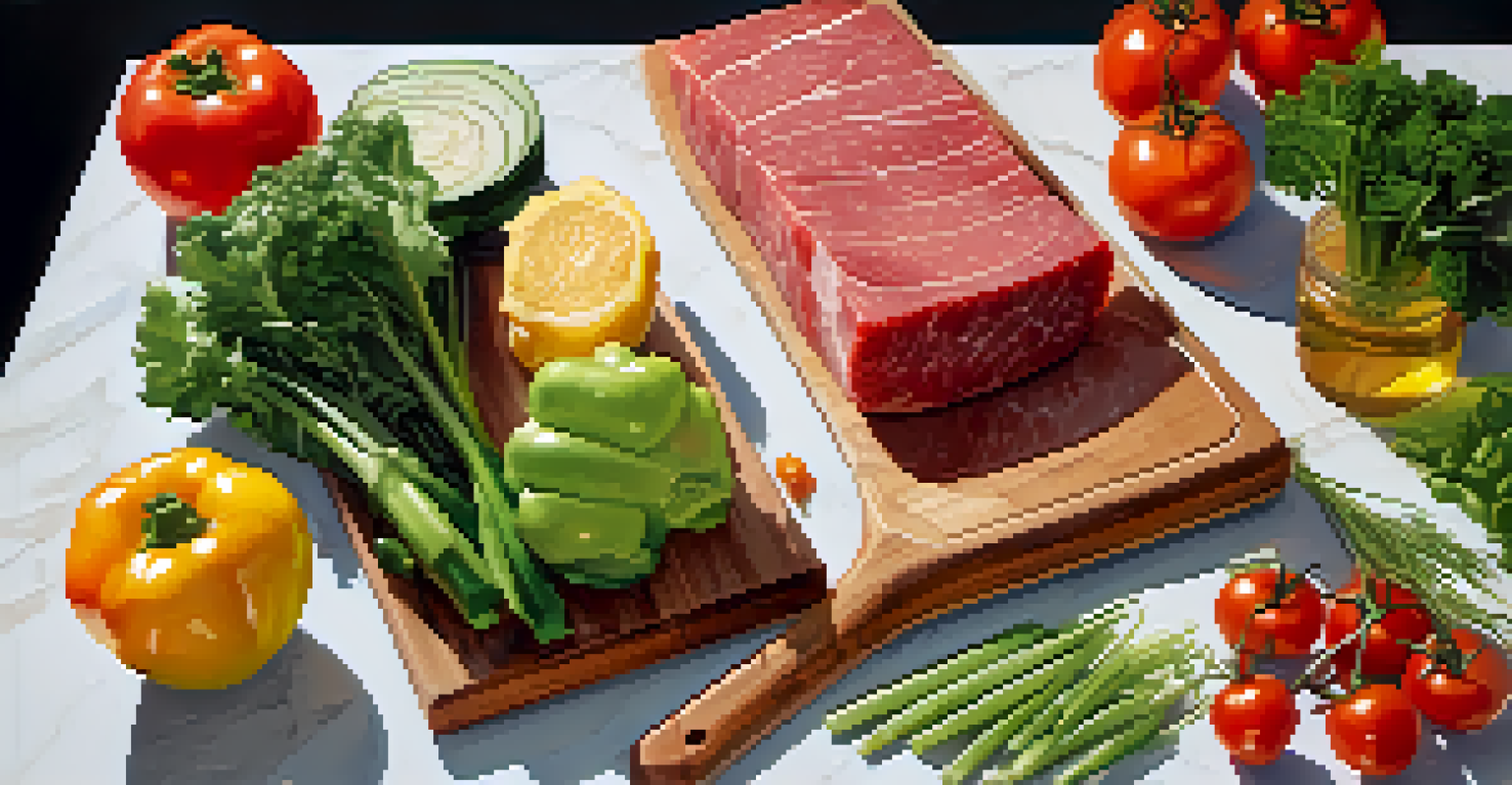 A color-coded cutting board setup with raw vegetables on one board and raw meats on another in a modern kitchen.