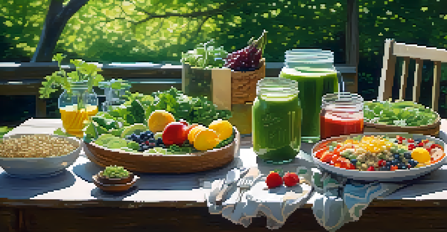 An outdoor picnic setup with a table of raw food dishes, surrounded by trees and soft sunlight.