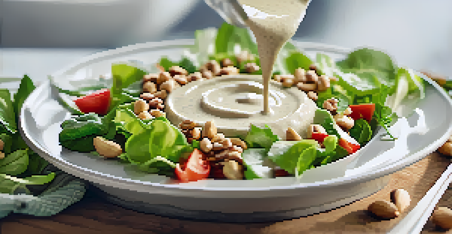 Close-up of creamy cashew dressing being drizzled over a fresh vegetable salad, with crushed nuts sprinkled on top.