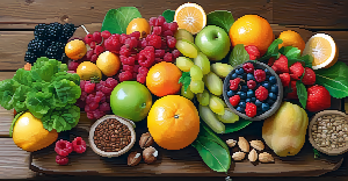 A colorful assortment of raw fruits, vegetables, nuts, and seeds displayed on a wooden table, illuminated by soft natural light.