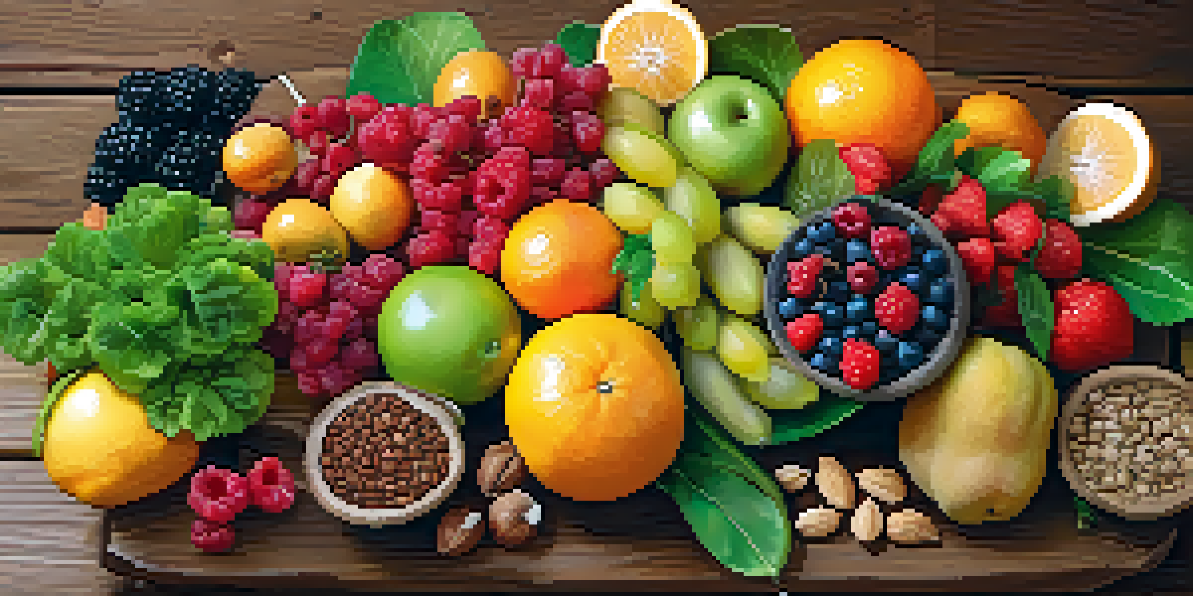 A colorful assortment of raw fruits, vegetables, nuts, and seeds displayed on a wooden table, illuminated by soft natural light.