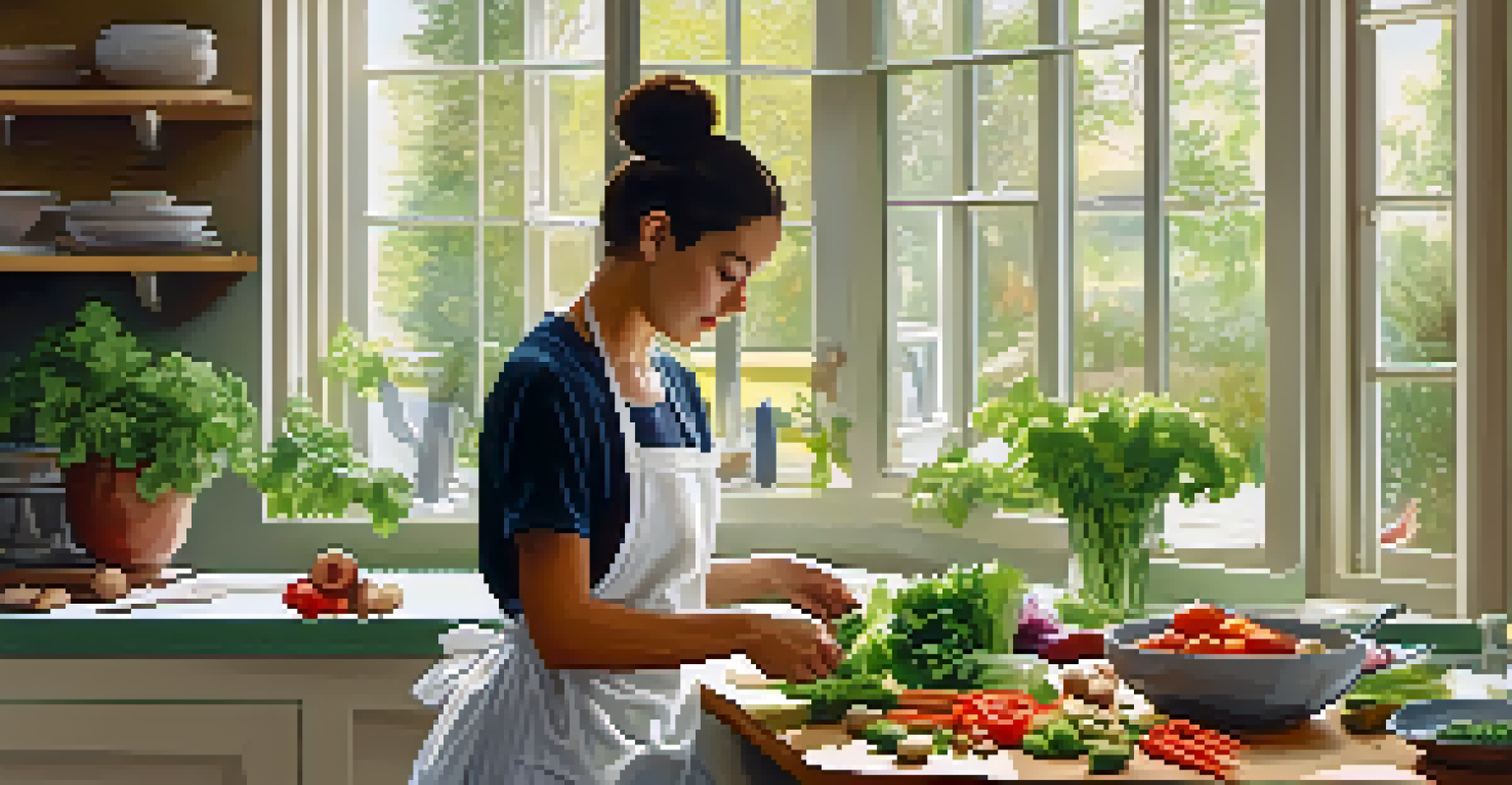 A person chopping vegetables for a raw salad in a bright kitchen filled with greenery and natural light.