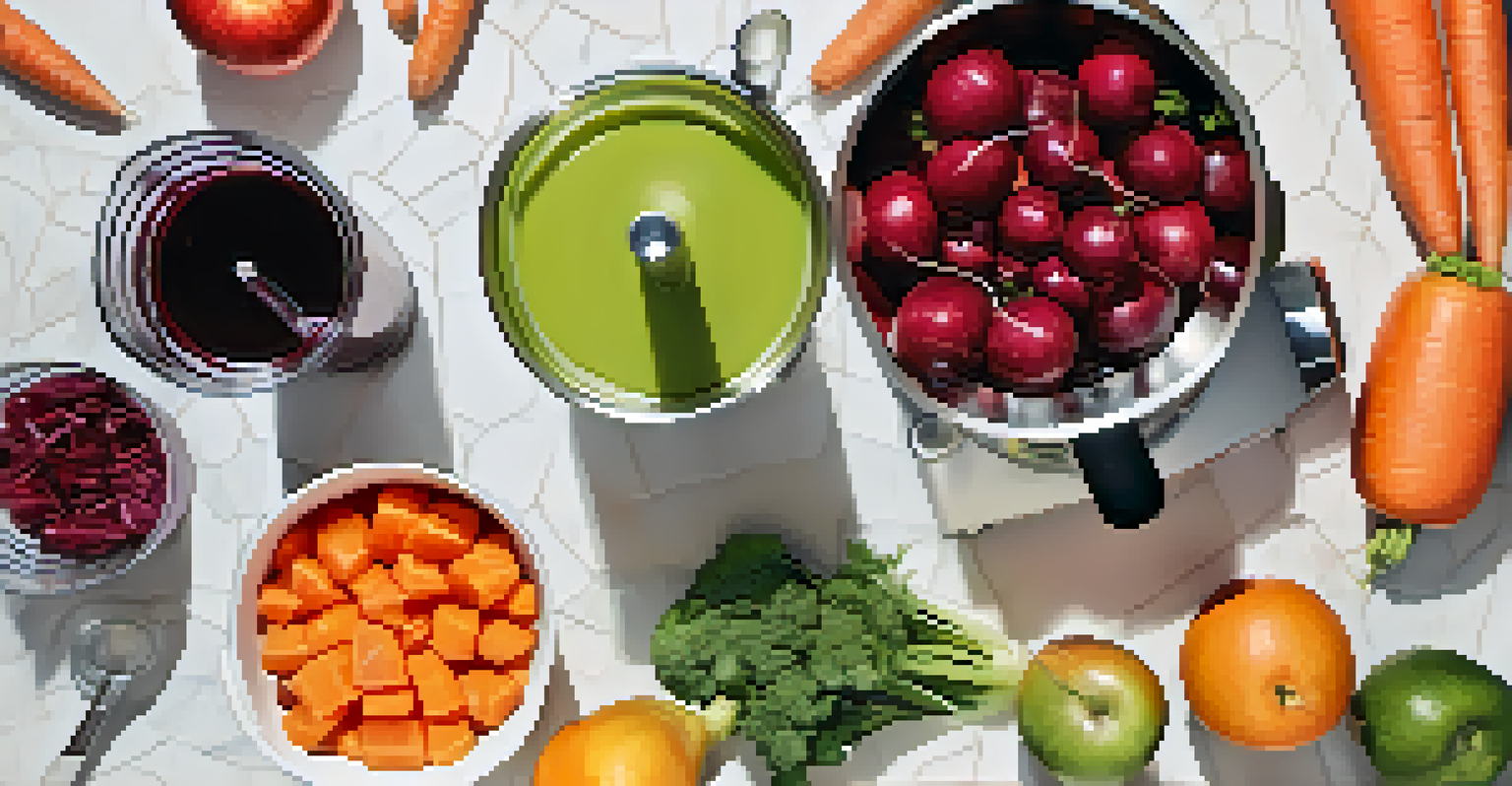 An overhead perspective of a juicing setup with a juicer and various chopped produce, alongside a glass of fresh juice on a white kitchen surface.