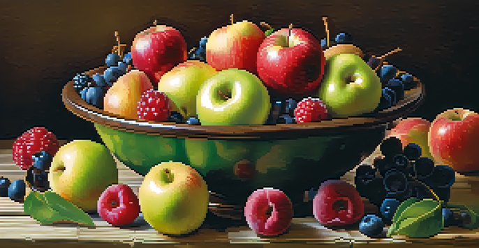 A bowl of colorful raw fruits like apples, pears, and berries on a rustic wooden table, illuminated by soft natural light.