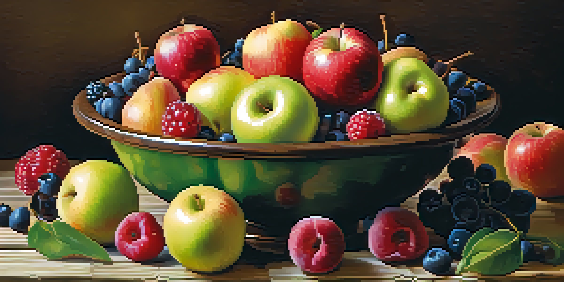 A bowl of colorful raw fruits like apples, pears, and berries on a rustic wooden table, illuminated by soft natural light.