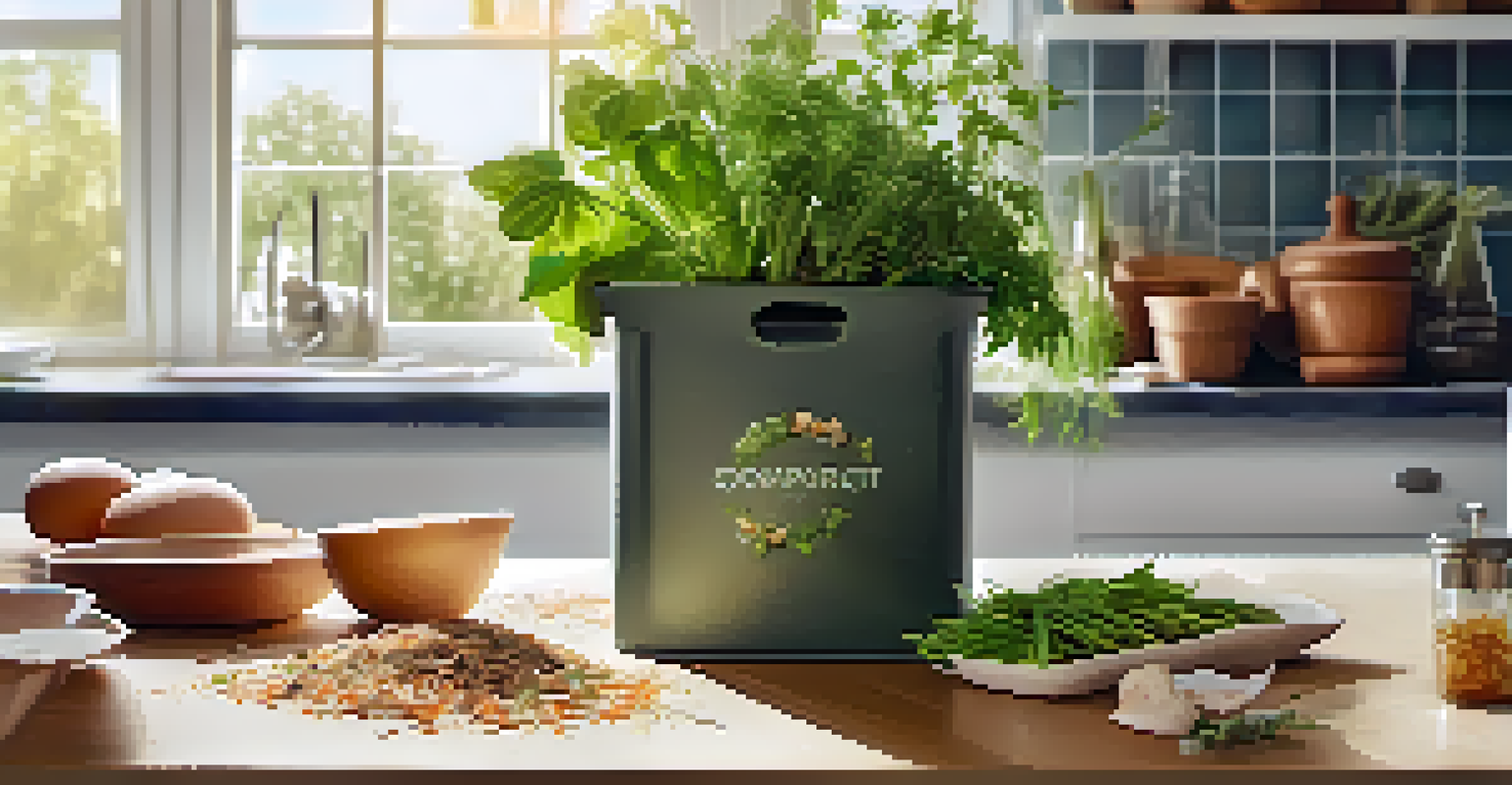 A collection of compostable kitchen waste in a biodegradable container, with a herb garden in the background.