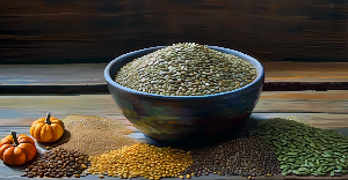 A bowl filled with various seeds like chia, flax, pumpkin, sunflower, and hemp on a wooden table, illuminated by soft natural light.