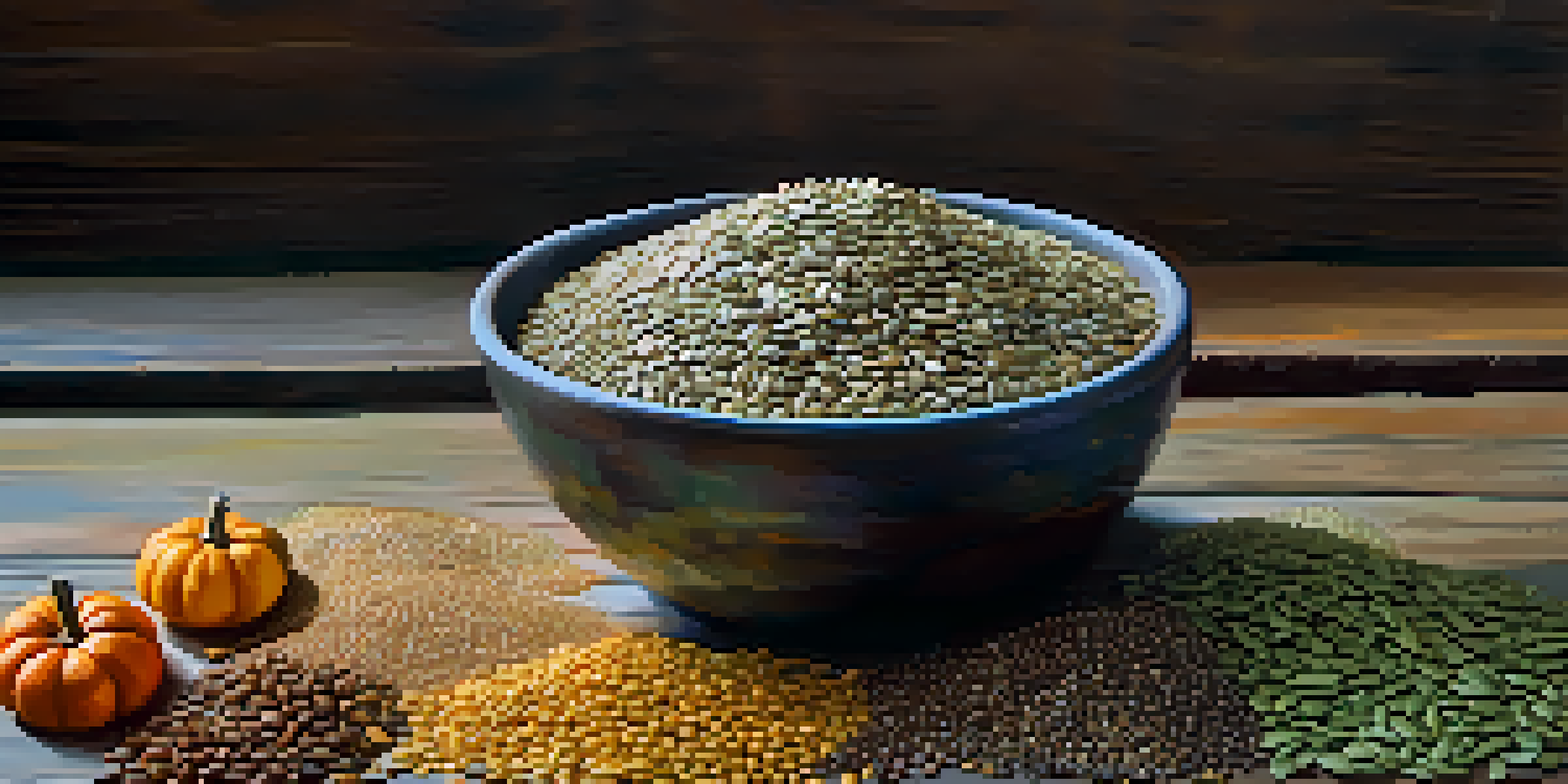A bowl filled with various seeds like chia, flax, pumpkin, sunflower, and hemp on a wooden table, illuminated by soft natural light.