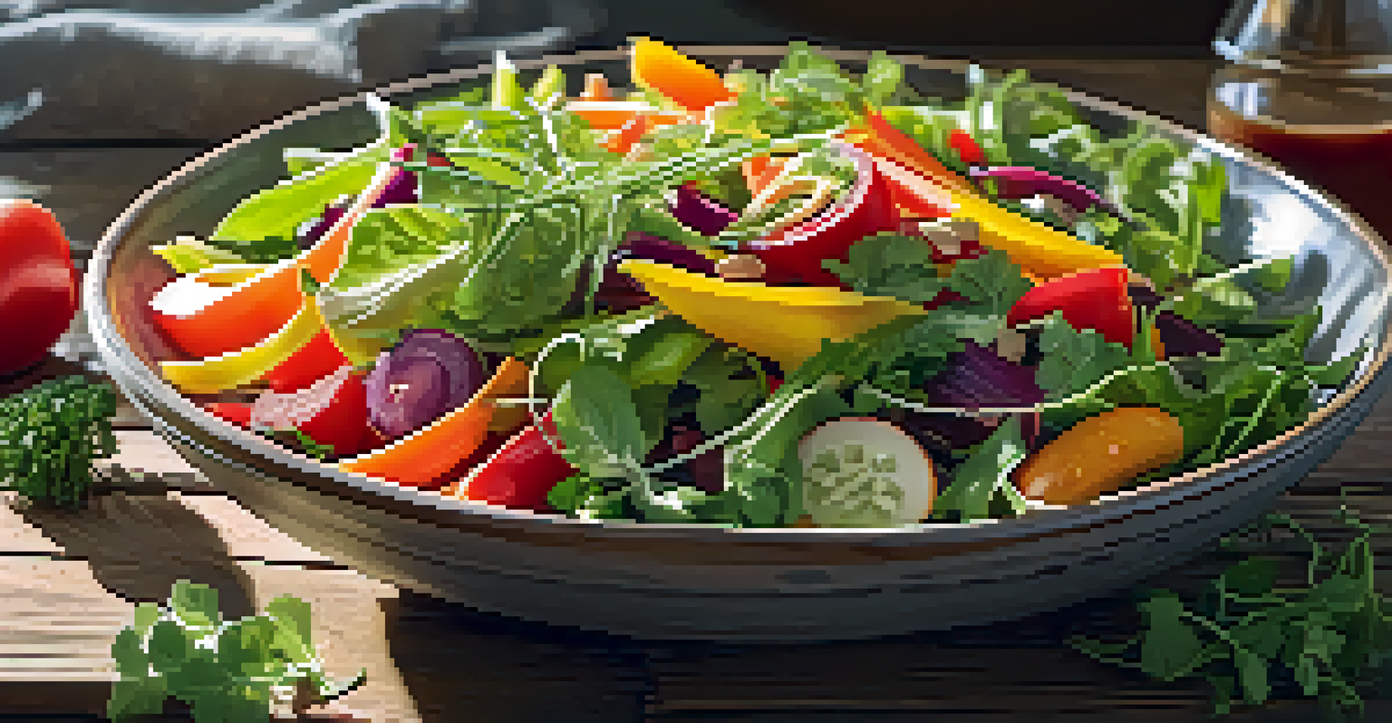 A vibrant raw vegetable salad displayed on a wooden table, showcasing a variety of fresh vegetables and seeds.