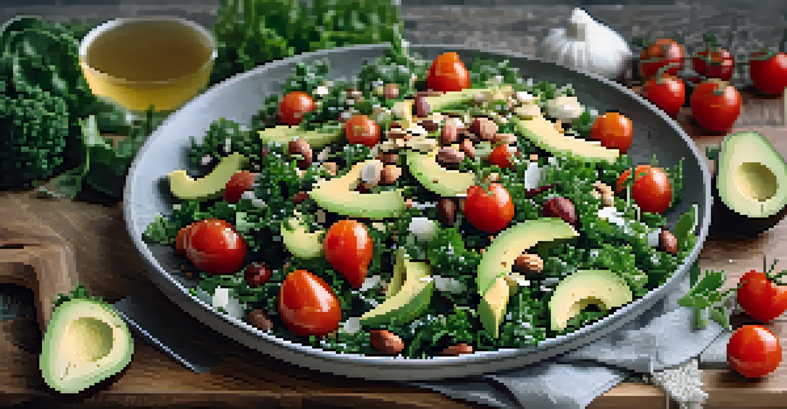 A fresh raw salad with kale, tomatoes, and avocado, garnished with nuts and herbs on a wooden cutting board.