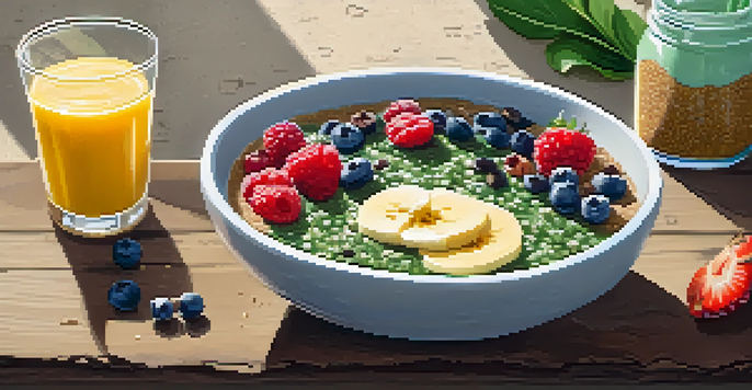 A colorful smoothie bowl made from spinach and banana, topped with fresh berries and chia seeds, displayed on a wooden table with natural sunlight.
