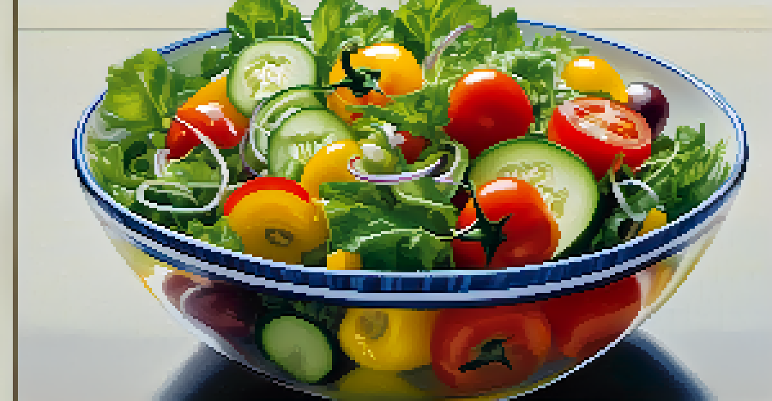 A close-up of a colorful raw salad bowl with mixed greens, cherry tomatoes, cucumber slices, and bell peppers, glistening with vinaigrette.