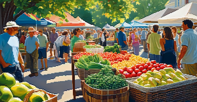 A lively farmers' market showcasing fresh fruits and vegetables with sunlight filtering through trees.