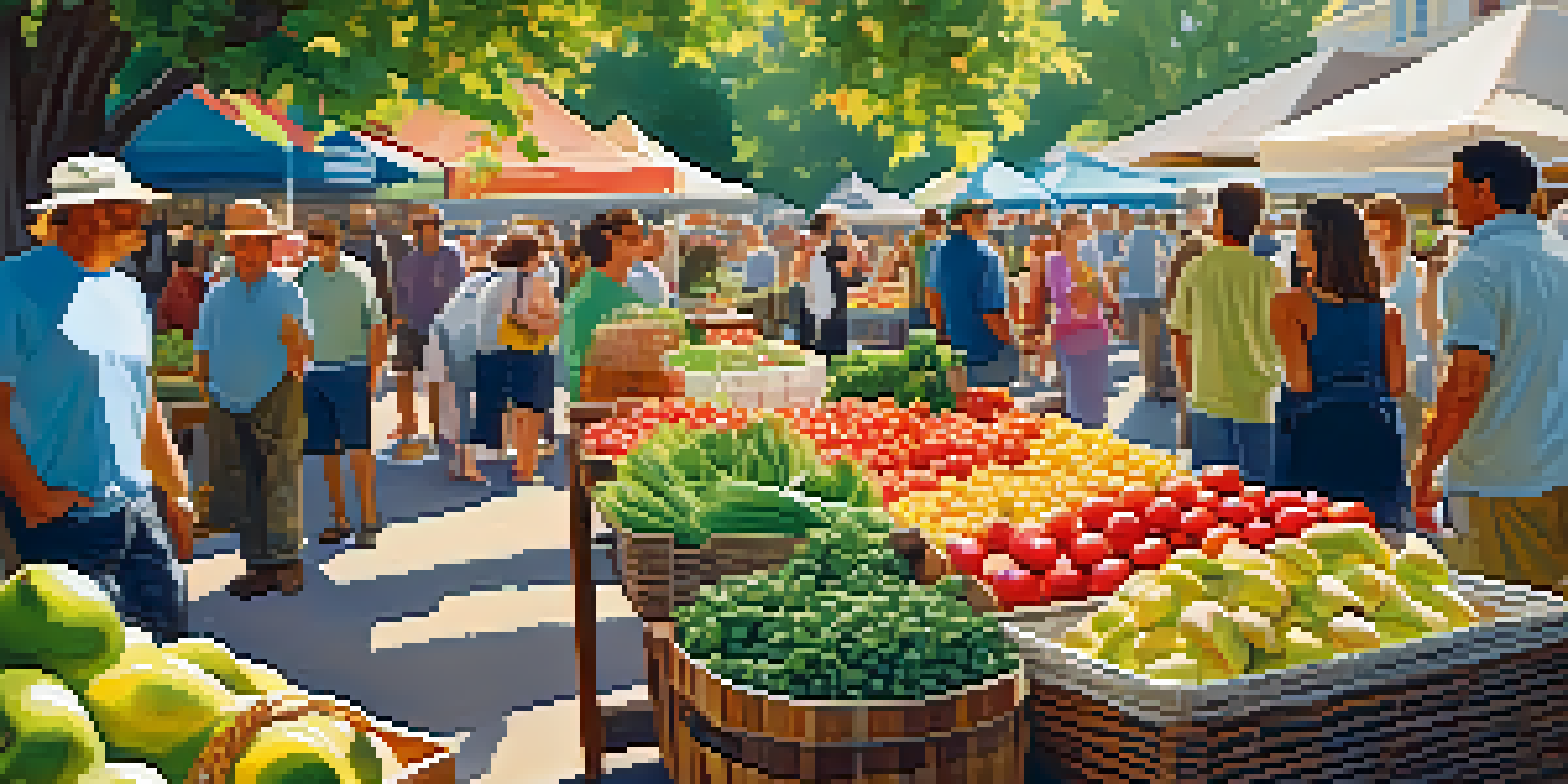 A lively farmers' market showcasing fresh fruits and vegetables with sunlight filtering through trees.