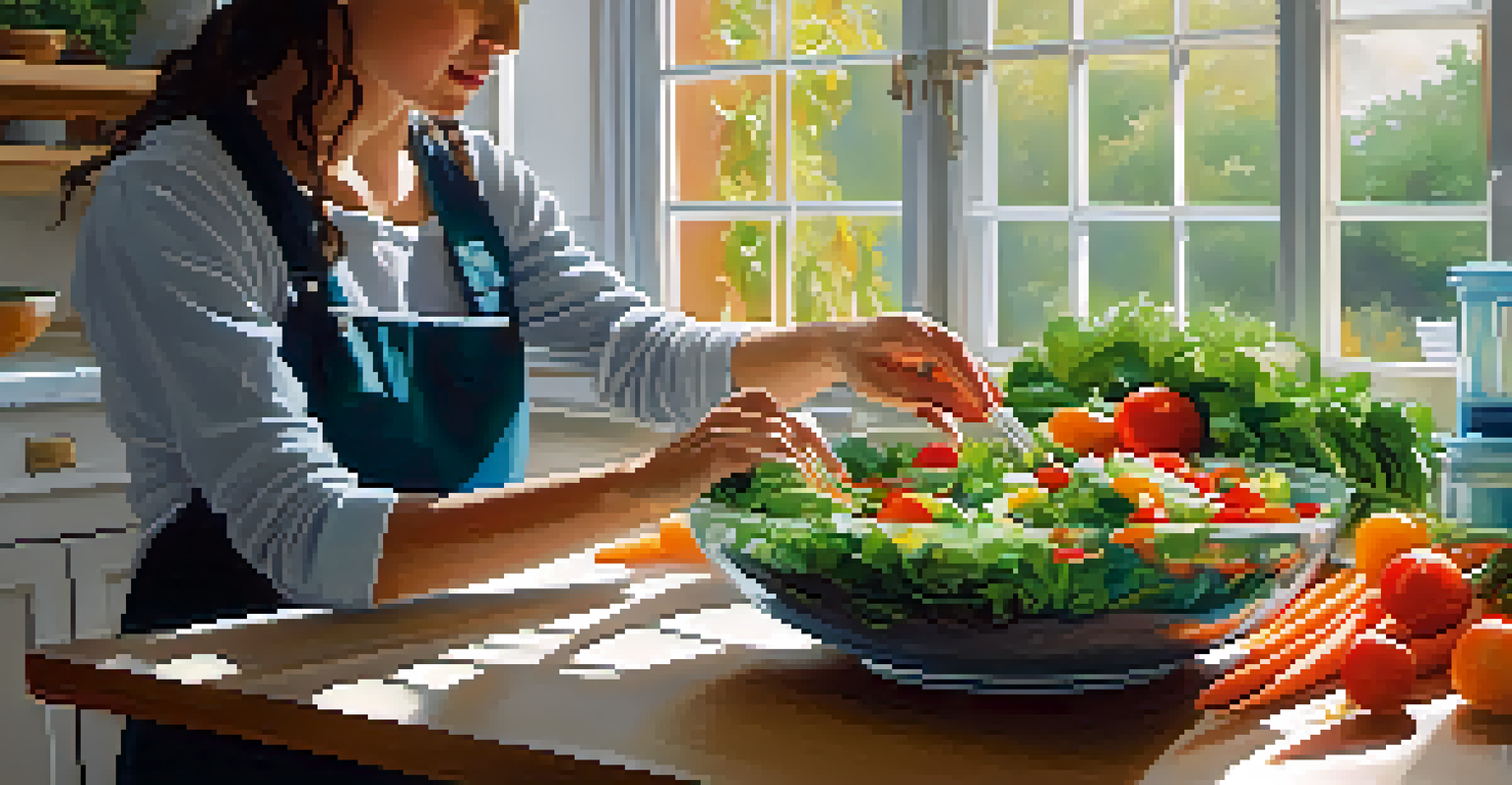 A person preparing a colorful raw salad in a sunlit kitchen, with various fresh vegetables displayed on the counter.