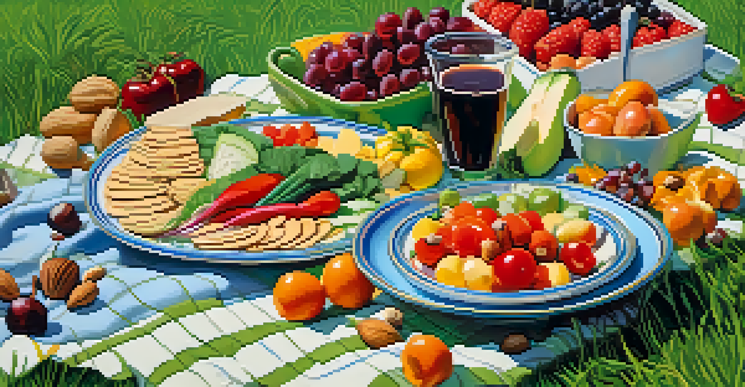 An outdoor picnic with a colorful platter of raw vegetables and fruits on a blanket in the grass.
