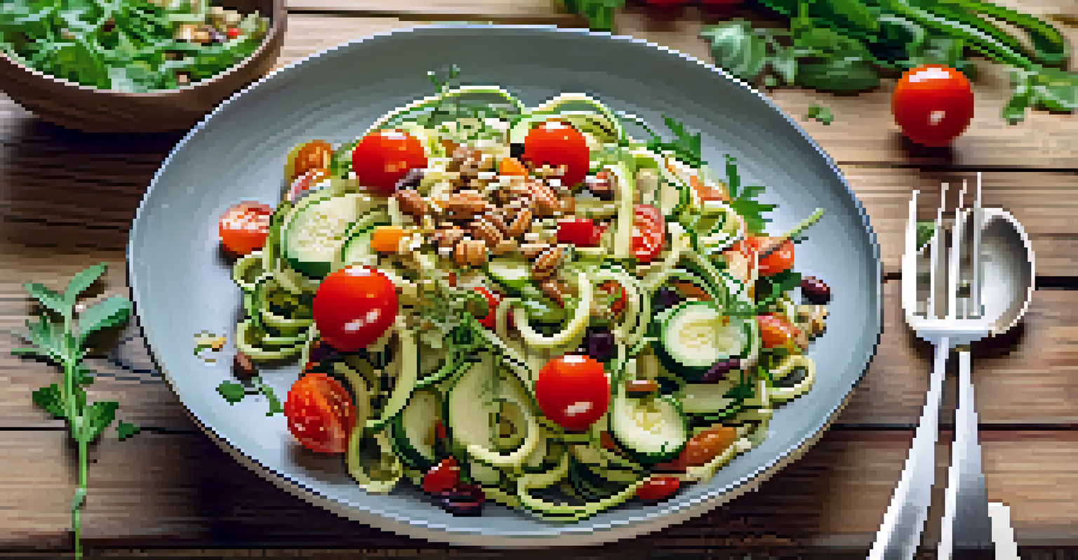 A close-up of a colorful raw food salad with zucchini noodles, cherry tomatoes, and nuts on a rustic ceramic plate.