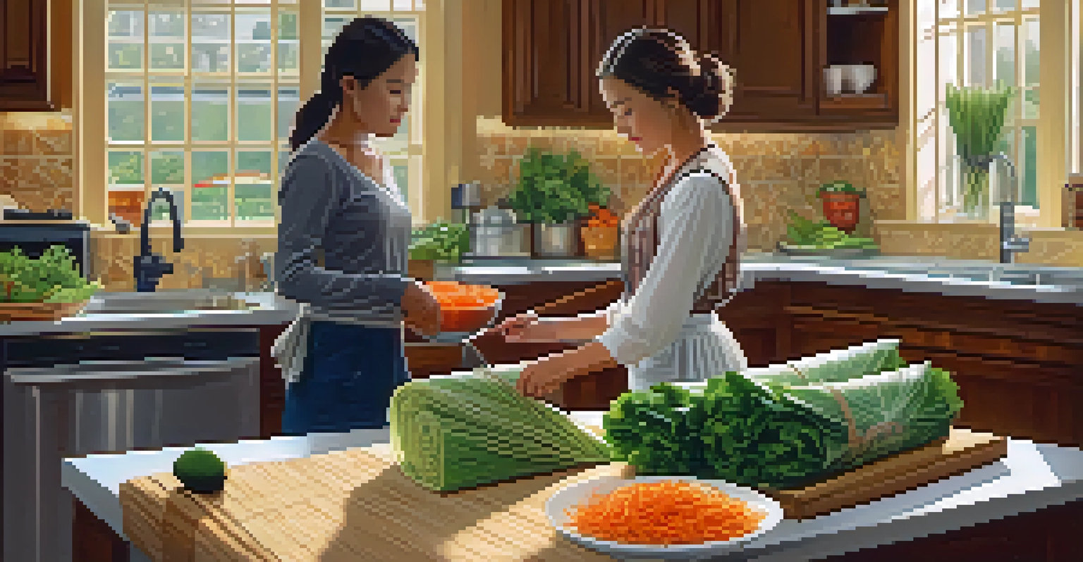 A person preparing a raw vegetable wrap in a bright kitchen, surrounded by fresh vegetables on a countertop.