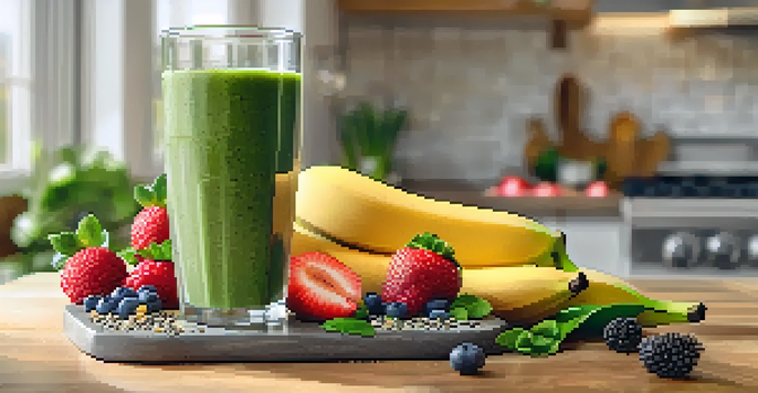 A clear glass filled with a green smoothie, garnished with banana slices and chia seeds, surrounded by fresh fruits and leafy greens in a sunny kitchen.