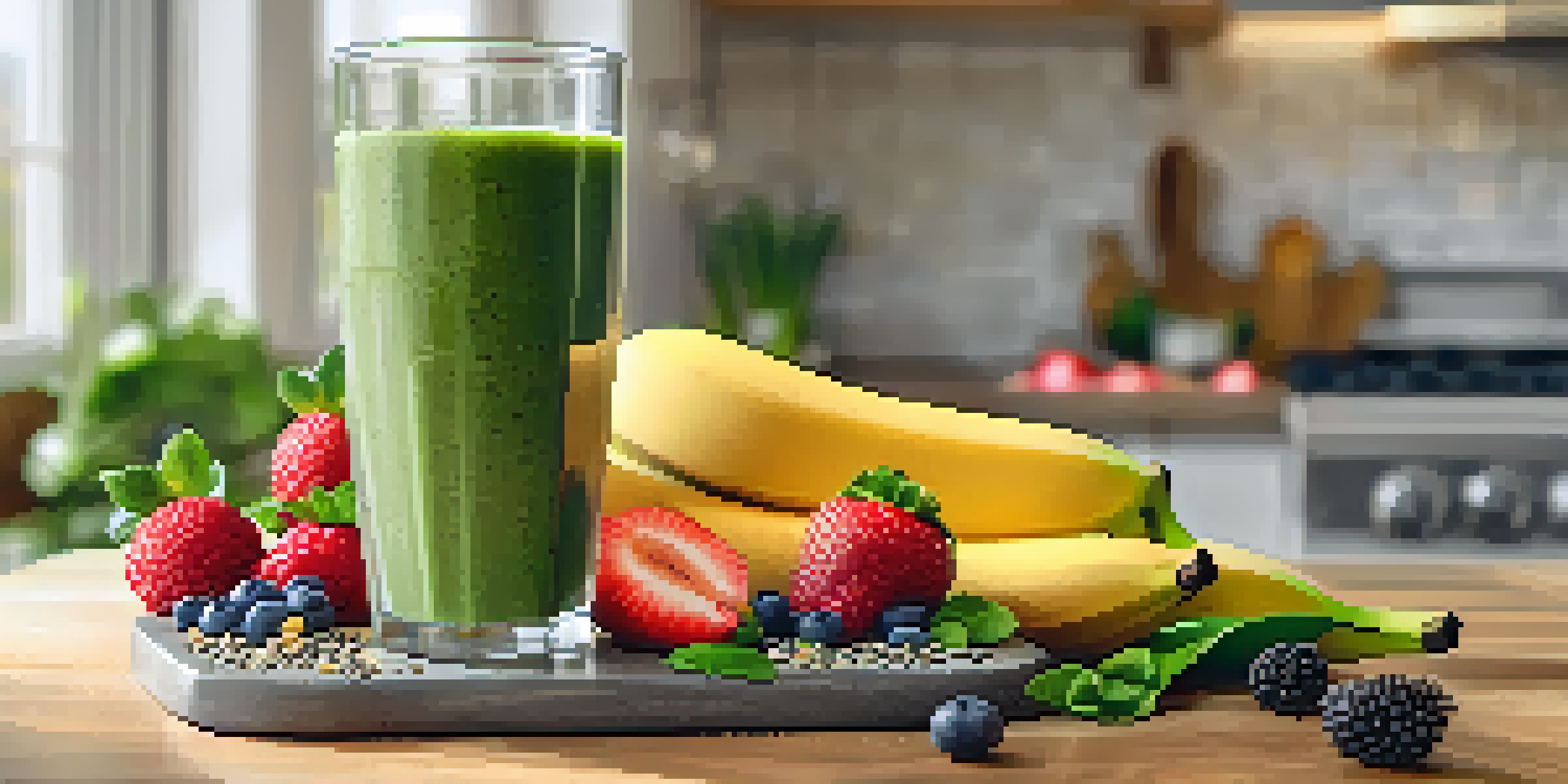 A clear glass filled with a green smoothie, garnished with banana slices and chia seeds, surrounded by fresh fruits and leafy greens in a sunny kitchen.
