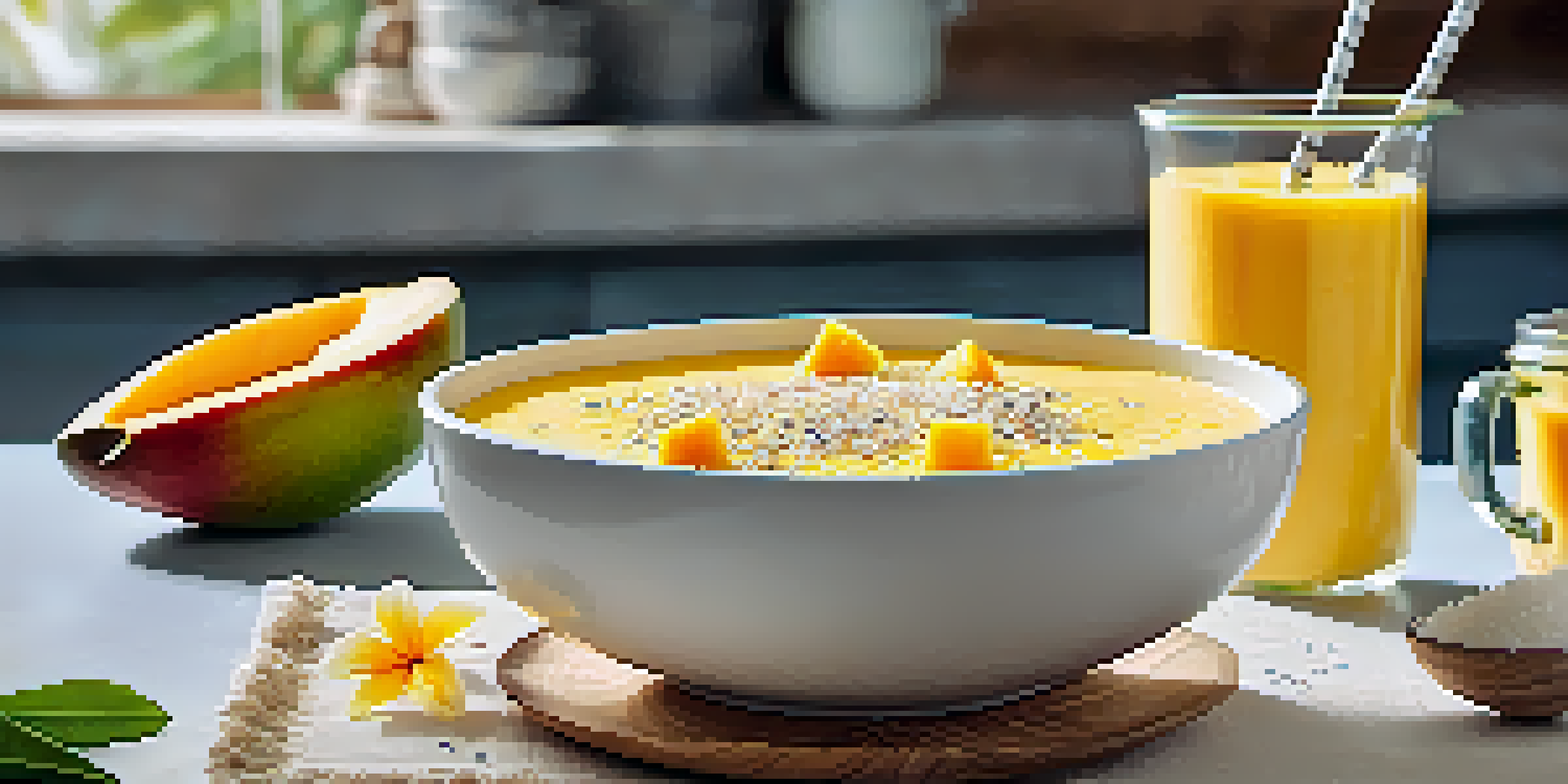 A colorful smoothie bowl made with mango and coconut, topped with fresh fruit and seeds, in a bright kitchen.