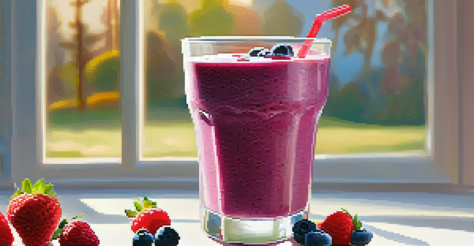 A tall glass of berry smoothie topped with Greek yogurt and fresh berries, set against a bright background.