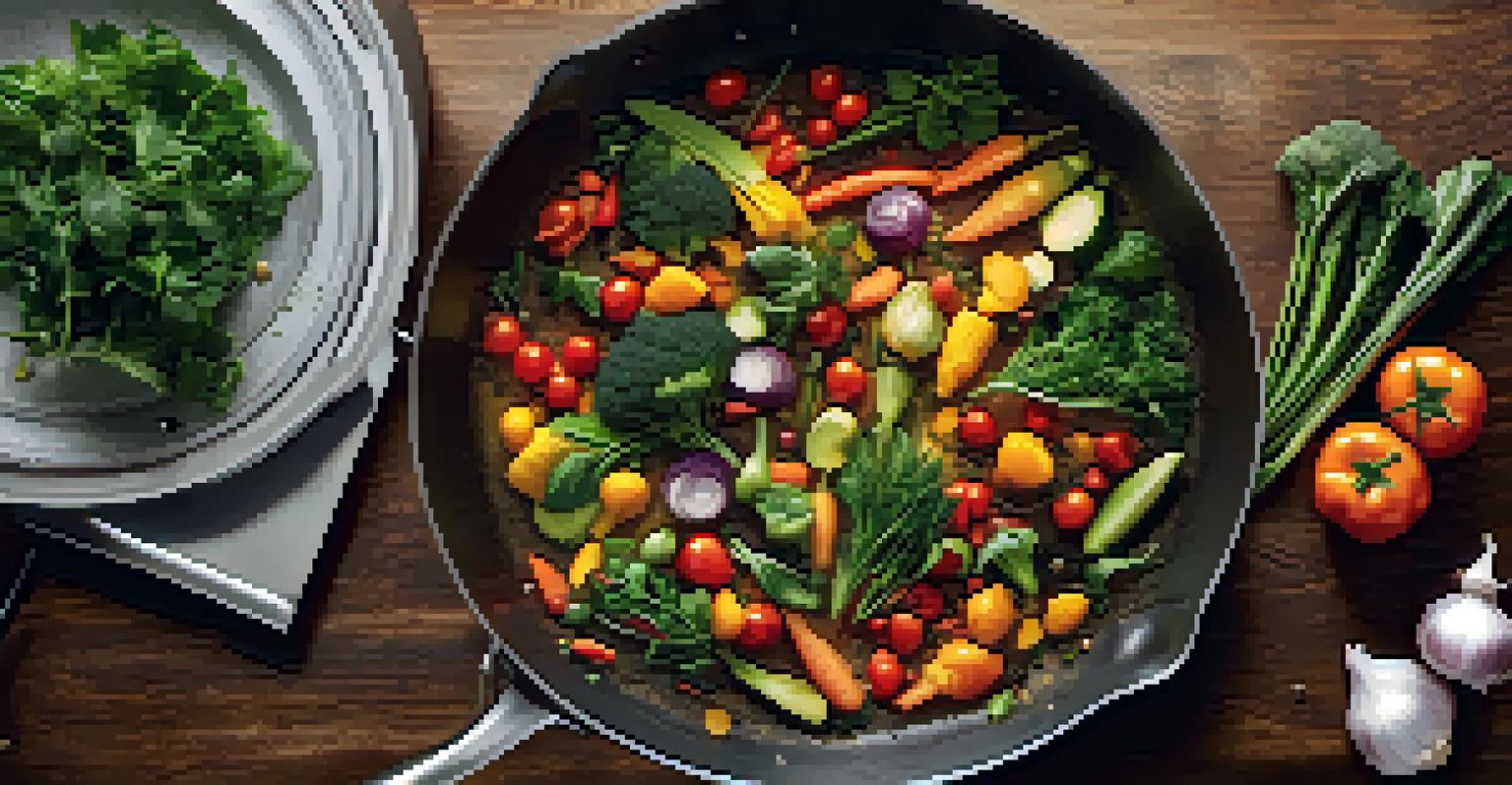 An overhead view of colorful vegetables being sautéed in a pan with fresh herbs in a rustic kitchen.