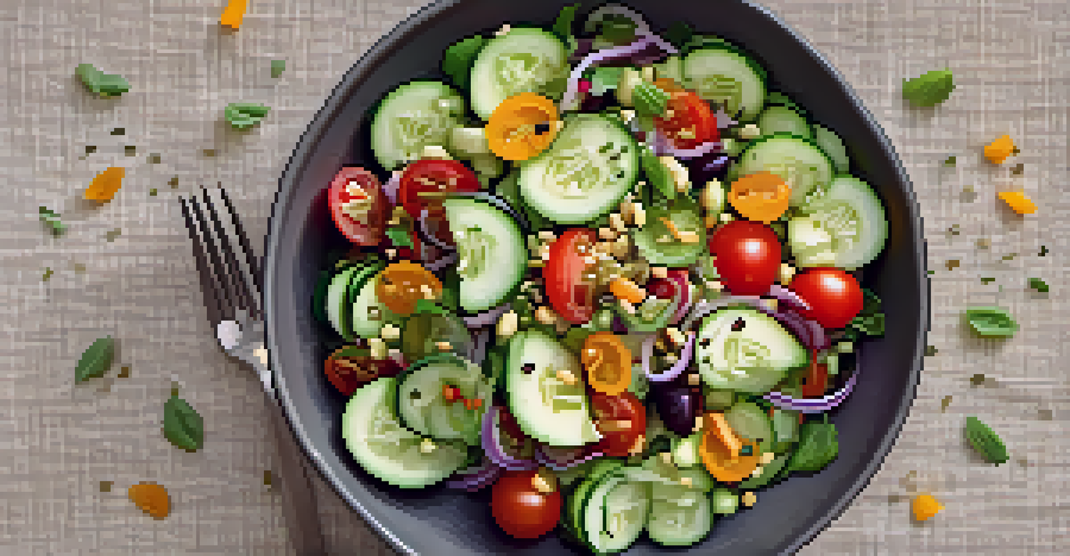 An overhead view of a vibrant raw salad with cucumbers, tomatoes, and carrots in a bowl, accompanied by a glass of water and a fork on a linen tablecloth.