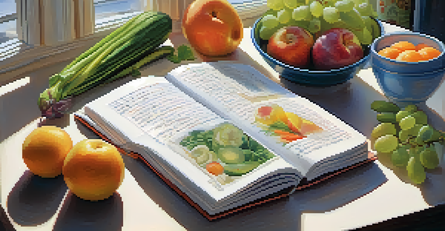 A close-up of an open food journal with handwritten notes about food combinations, surrounded by colorful fruits and vegetables in soft morning light.
