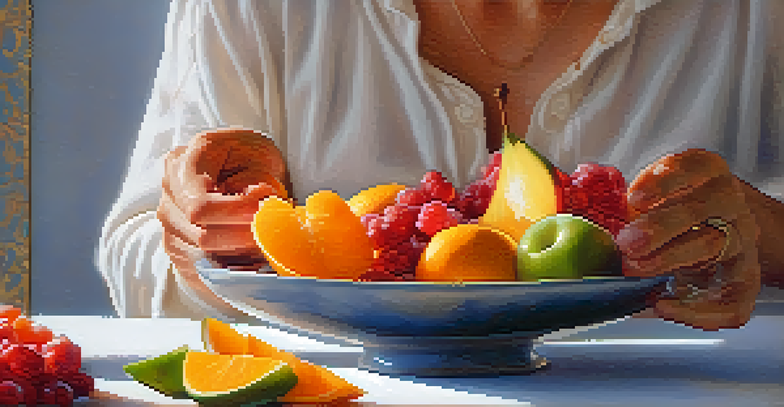 A close-up of hands holding a slice of ripe fruit, emphasizing the sensory experience of mindful eating with a blurred background.