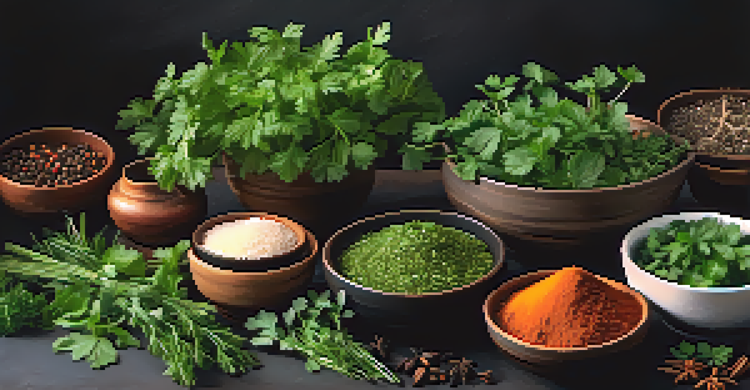 A flat-lay image of fresh herbs and colorful spices on a dark slate background.