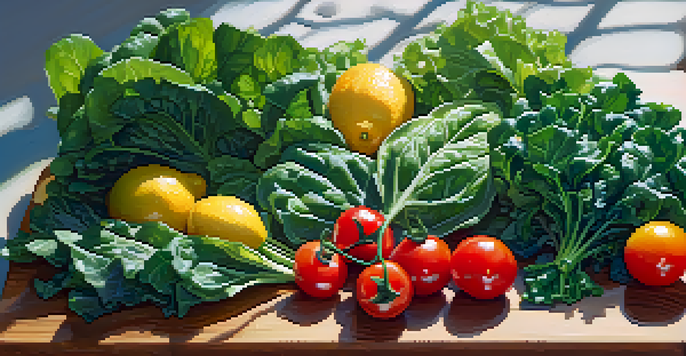 An assortment of leafy greens like spinach, kale, and Swiss chard on a wooden cutting board, illuminated by sunlight with cherry tomatoes and a lemon nearby.