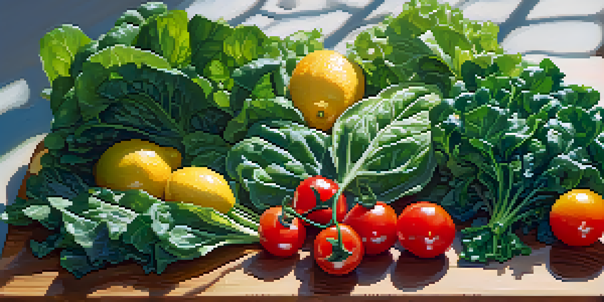 An assortment of leafy greens like spinach, kale, and Swiss chard on a wooden cutting board, illuminated by sunlight with cherry tomatoes and a lemon nearby.