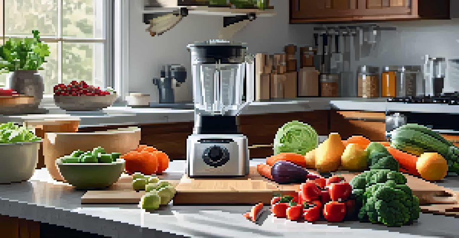 A kitchen countertop displaying tools for raw food prep, including a blender, food processor, knife, and fresh ingredients in soft morning light.
