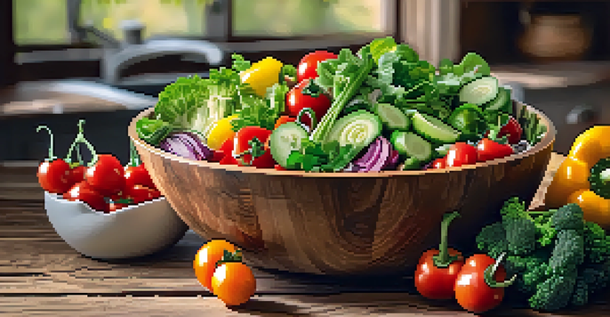 A colorful salad bowl filled with fresh raw vegetables on a rustic wooden table in a sunlit kitchen.