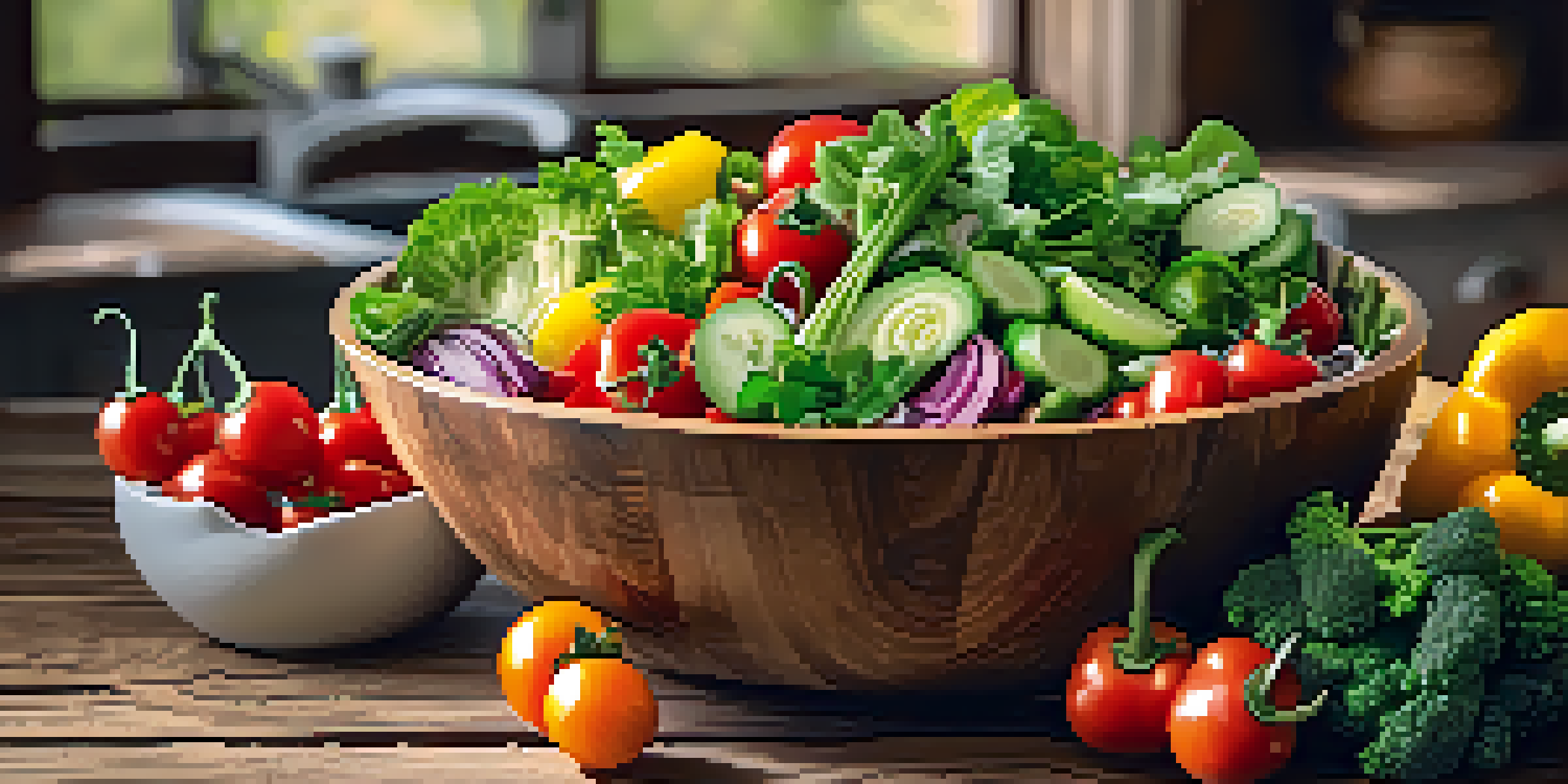 A colorful salad bowl filled with fresh raw vegetables on a rustic wooden table in a sunlit kitchen.