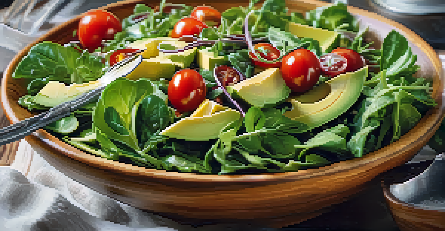 A colorful salad featuring mixed greens, cherry tomatoes, and avocado, with olive oil and lemon juice in a rustic setting.