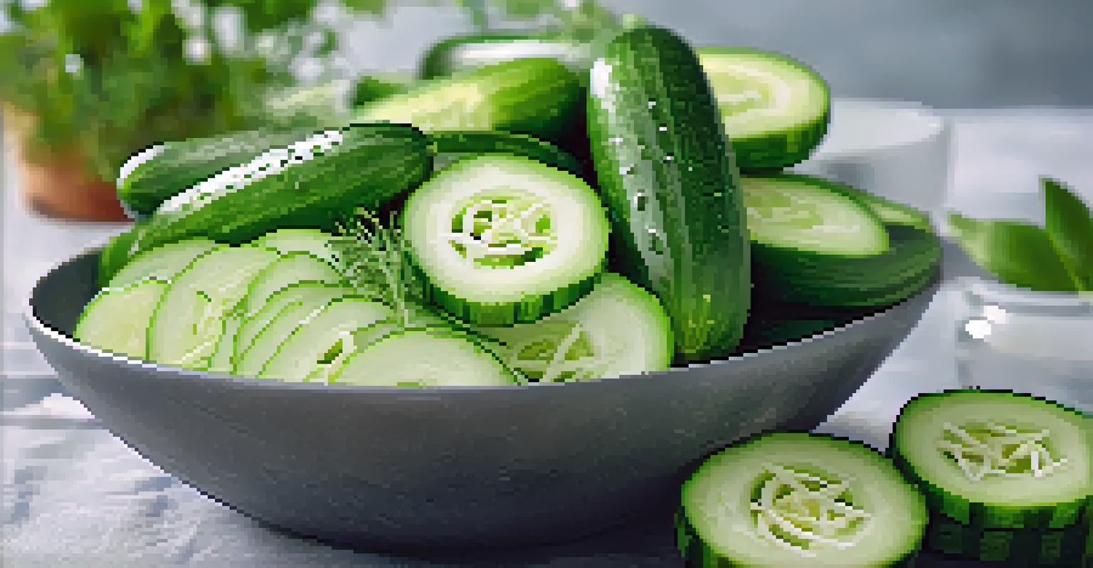 Close-up of fresh cucumber slices in a bowl, garnished with herbs and sprinkled with salt, emphasizing their crisp texture.